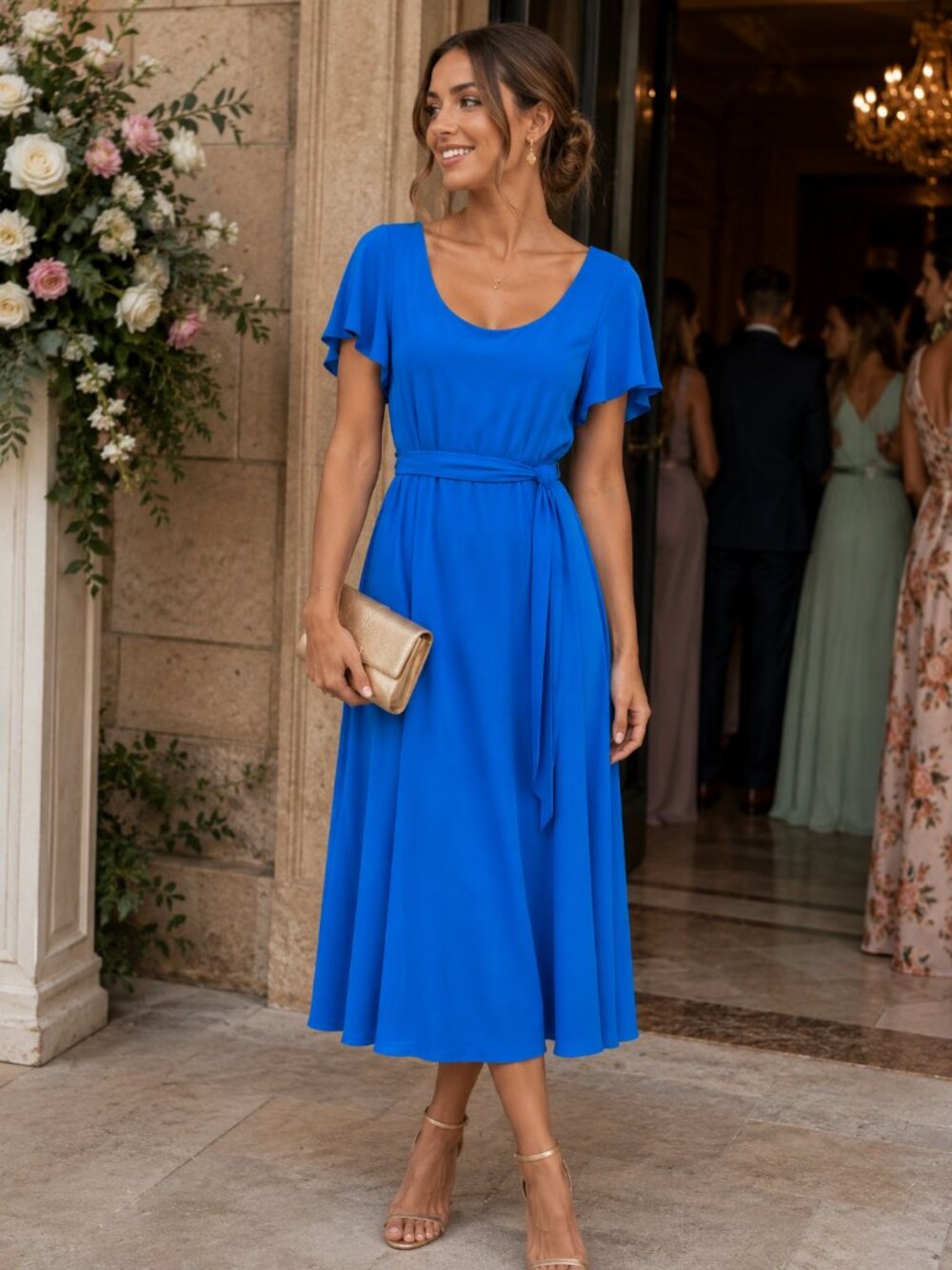 Lauren Ralph Lauren Blue Dress Size 10 NWT Belted Flutter Sleeve Wedding Guest M